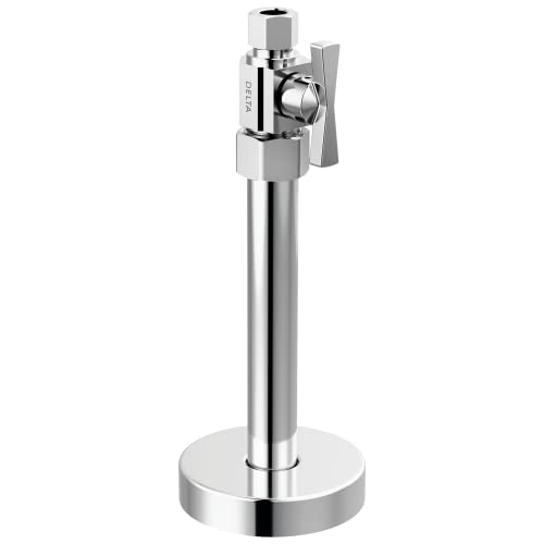 Chrome straight supply stop valve with lever handle and round base.