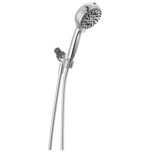 Chrome hand shower with multiple spray settings and adjustable wall bracket on flexible hose.