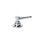 Chrome soap and lotion dispenser pump with cylindrical nozzle and round base.