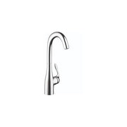 Chrome single-handle bar faucet with curved spout and side lever control.