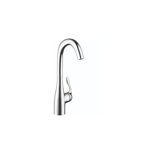 Chrome single-handle bar faucet with curved spout and side lever control.