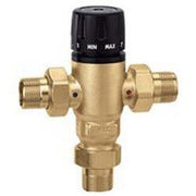 Brass three-way mixing valve with black thermostatic cartridge and threaded NPT connections.