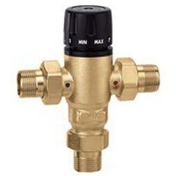 Brass three-way mixing valve with black thermostatic cartridge and threaded NPT connections.