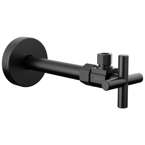 Black angled supply stop valve with cross handle and wall-mounted circular escutcheon plate.