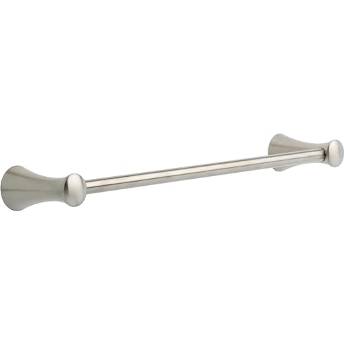 Brushed nickel towel bar with conical end caps and cylindrical rod, 18 inches long.