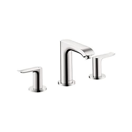 Chrome three-piece widespread bathroom faucet with curved spout and lever handles.