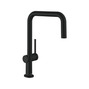 Matte black U-shaped kitchen faucet with single lever handle and curved spout against white background.