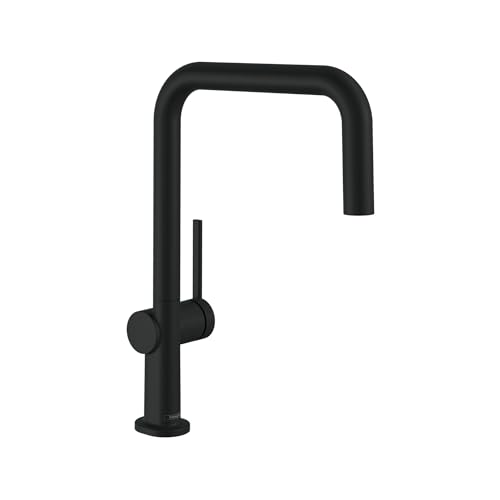 Matte black U-shaped kitchen faucet with single lever handle and curved spout against white background.