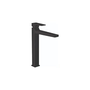Matte black single-hole bathroom faucet with tall squared base and extended lever handle spout.