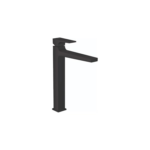 Matte black single-hole bathroom faucet with tall squared base and extended lever handle spout.
