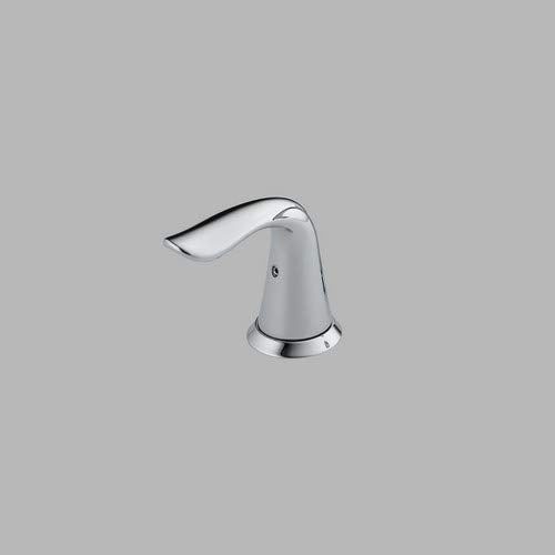 Chrome bathroom faucet with curved metal lever handle and cylindrical base.
