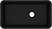 Satin black fireclay undermount kitchen sink with single bowl and faucet hole.