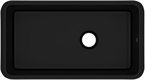 Satin black fireclay undermount kitchen sink with single bowl and faucet hole.
