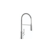 Chrome semi-pro kitchen faucet with high arched spout, coiled hose, and single lever handle.