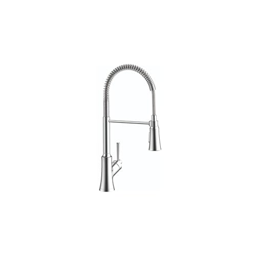 Chrome semi-pro kitchen faucet with high arched spout, coiled hose, and single lever handle.