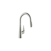 Steel optic high arc kitchen faucet with pull-down spray head and single handle control.