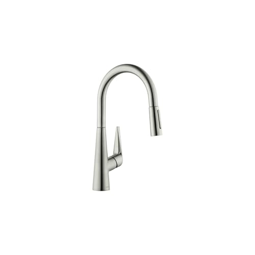 Steel optic high arc kitchen faucet with pull-down spray head and single handle control.