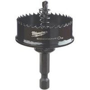 Black Milwaukee hole saw with serrated cutting edge and hex shank attachment, shown from above.