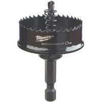 Black Milwaukee hole saw with serrated cutting edge and hex shank attachment, shown from above.