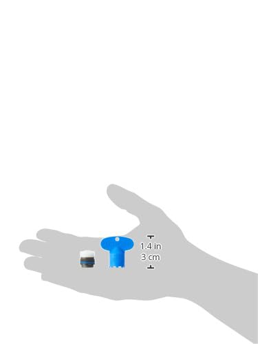 Grohe chrome flow control cartridge with blue handle shown next to size reference measurements.