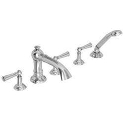 Satin nickel Roman tub faucet with two lever handles, spout, hand shower, and four mounting feet.