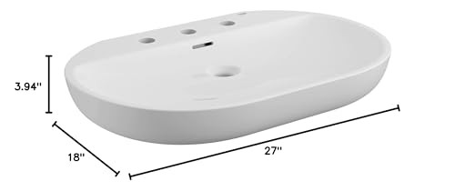White oval wall-mount bathroom sink with three faucet holes, 27 inches wide by 18 inches deep.