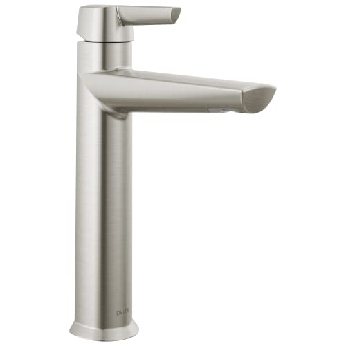 Brushed nickel single-handle bathroom faucet with tall cylindrical body and angled spout.
