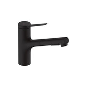 Matte black kitchen faucet with pull-out spray head and single lever handle.