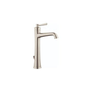 Brushed nickel single-hole bathroom faucet with tall spout and lever handle.
