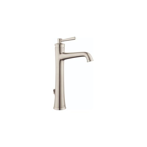 Brushed nickel single-hole bathroom faucet with tall spout and lever handle.