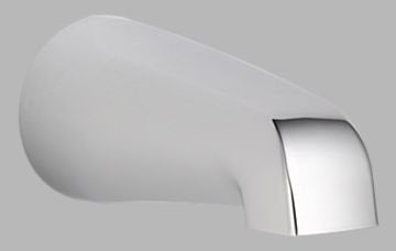 Chrome tub spout with curved barrel design and flat rectangular escutcheon plate.