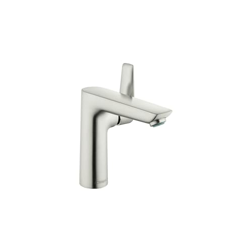 Brushed nickel single-hole bathroom faucet with tall curved spout and lever handle.