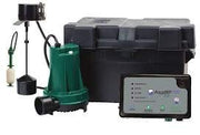 Green and black residential grinder pump system with control panel, cord, and accessories.