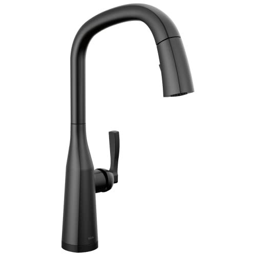 Matte black pull-down kitchen faucet with curved spout and single side handle.