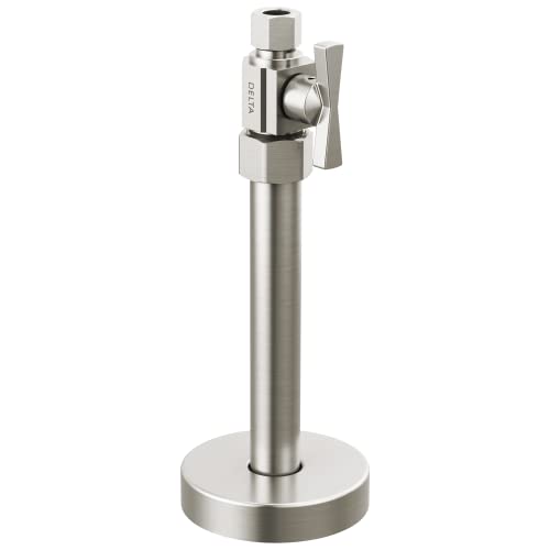 Brushed nickel straight supply stop valve with lever handle and round base mounting plate.