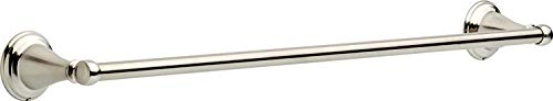 Polished nickel towel bar with decorative circular end caps and straight horizontal rail.