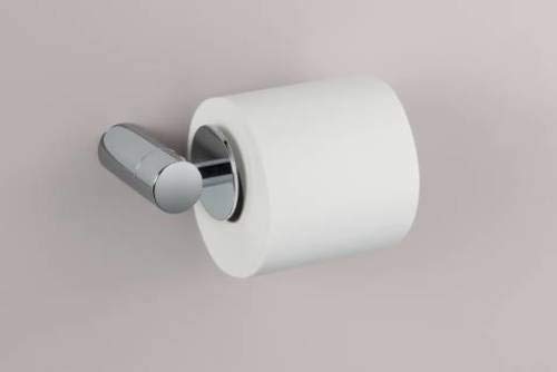 Chrome paper holder with cylindrical bar arm holding white toilet paper roll against gray background.