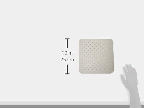Chrome square rainshower head, 10 inches wide, with perforated face and measurement scale.