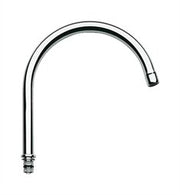 Chrome curved faucet spout with connection fitting at base.
