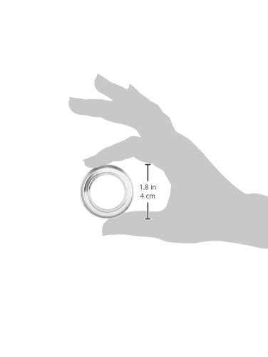 Chrome finish faucet base with seal and snap ring shown in hand for size reference, measuring 1.8 inches.