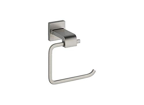 Brushed nickel toilet paper holder with curved bar and square wall-mounted base.