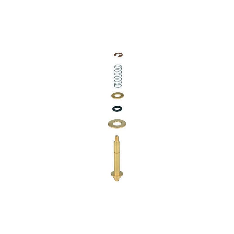 Grohe chrome diverter repair kit with brass stem, spring, and metal washers displayed in component parts.
