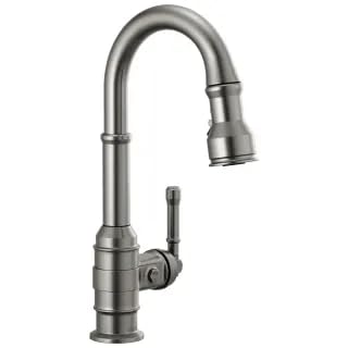Chrome pull-down bar faucet with high arc spout and single lever handle.