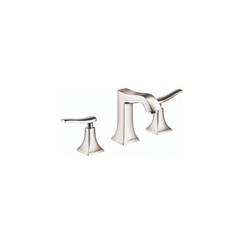 Polished nickel three-piece widespread bathroom faucet with lever handles and tapered bases.