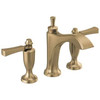 Brass widespread bathroom faucet with two lever handles, tall center spout, and matching pop-up drain assembly.