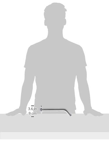 Chrome shower arm with 9-inch length and right-angle bend, shown against human figure for scale.