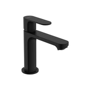 Matte black single-hole bathroom faucet with tall cylindrical body and curved spout outlet.