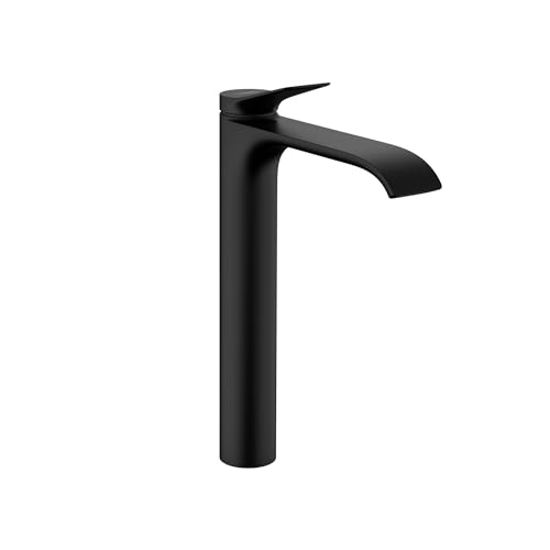 Matte black single-hole bathroom faucet with tall cylindrical body and curved spout.
