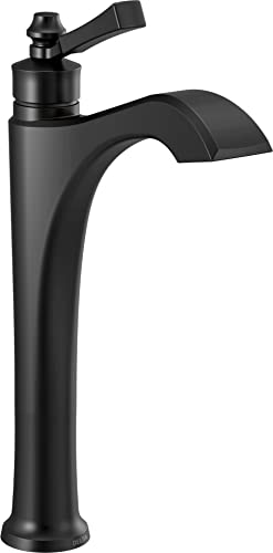 Black single-handle vessel faucet with curved spout and lever handle.
