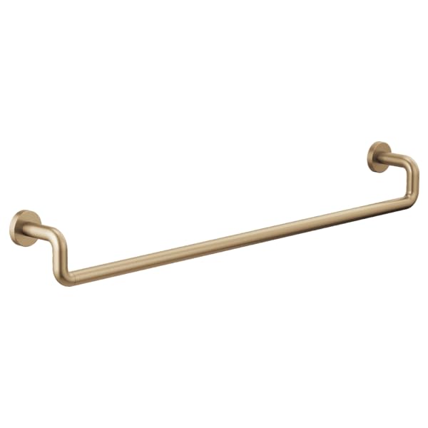 Brushed gold curved towel bar with wall-mounted end brackets.